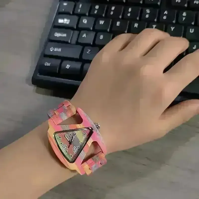 Colorful Triangle Wooden Quartz Watch - Image 2