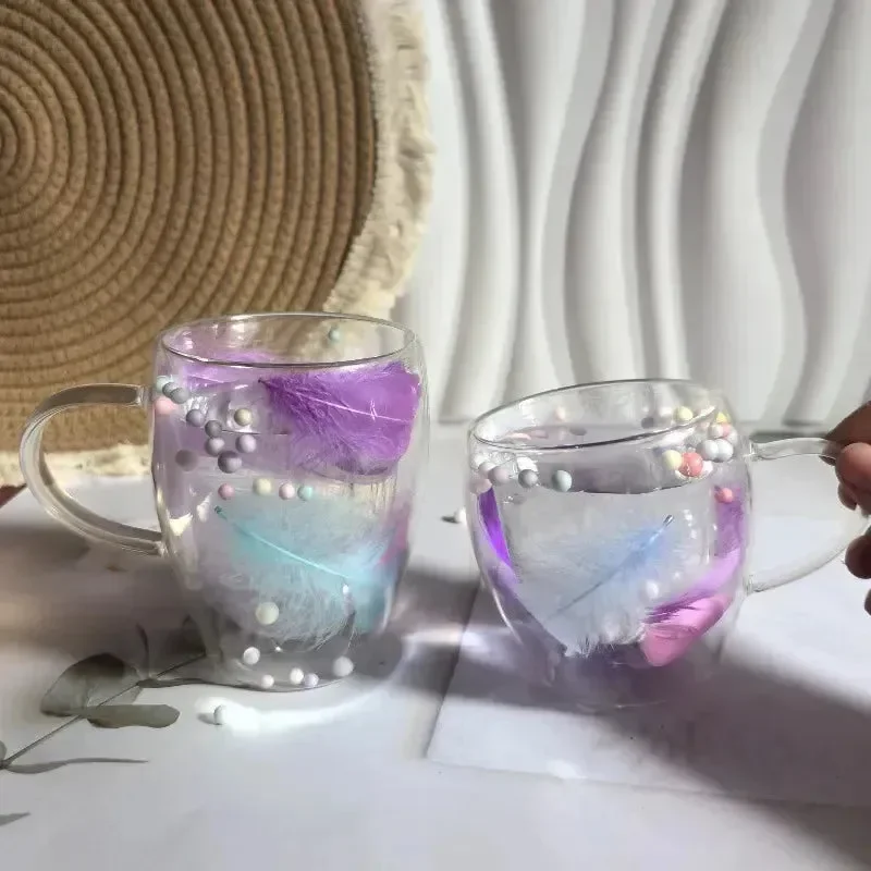 Creative Feather Embedded Glass Mugs