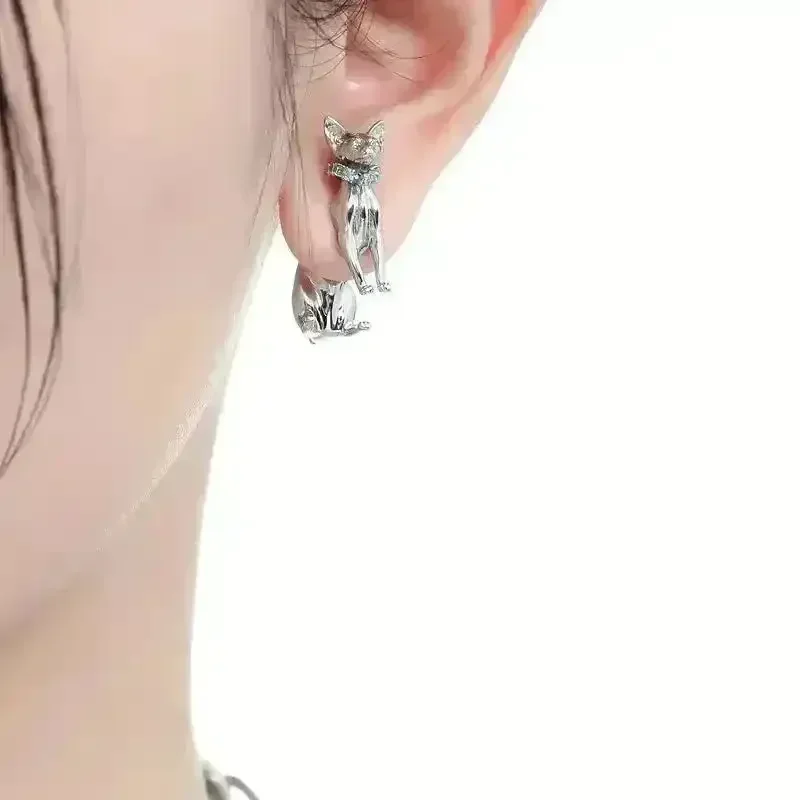 Gothic Silver Cat Stud Earrings - Image 2