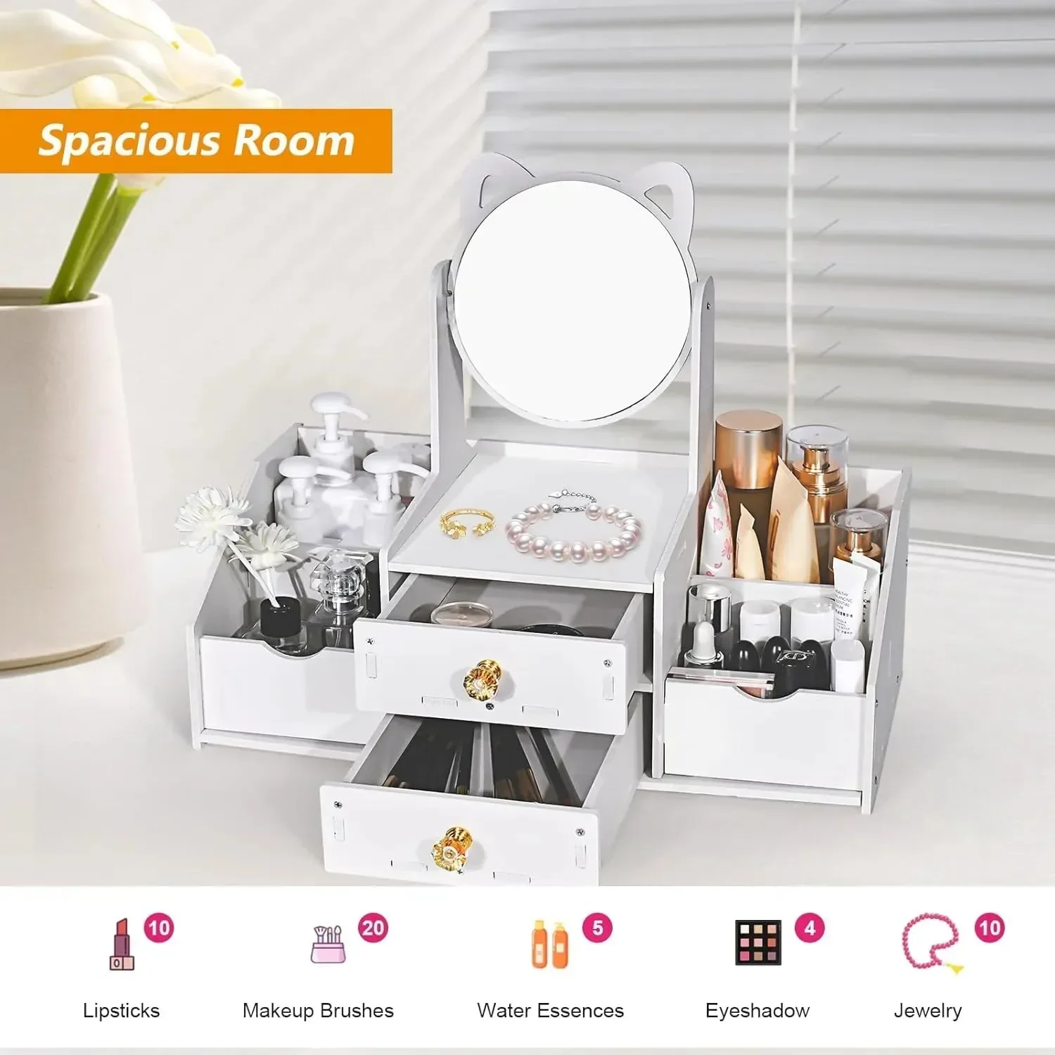 Makeup Desk Organizer with Mirror - Image 6