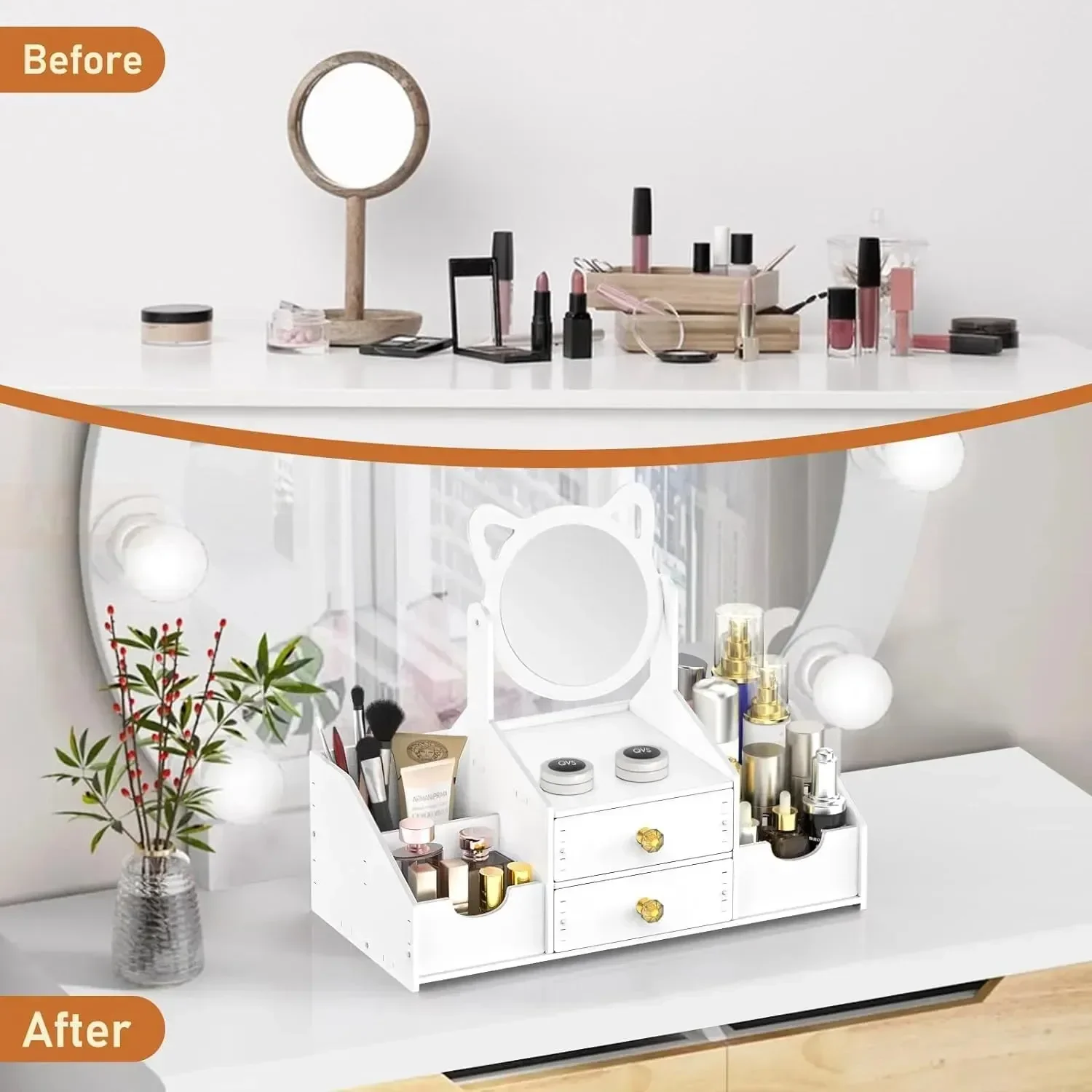 Makeup Desk Organizer with Mirror - Image 7