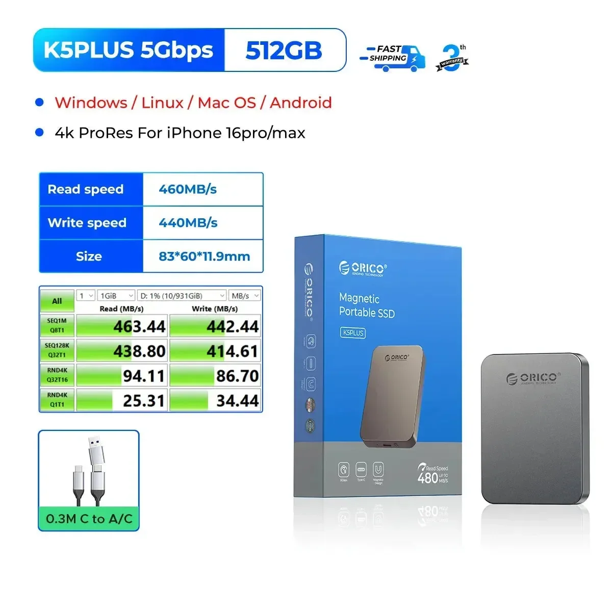ORICO 5Gbps Portable Solid State Drive 480MB/s Magnetic External SSD for iPhone 16 15 Pro/Max ProRes 4K HDR Record and Store - Image 8